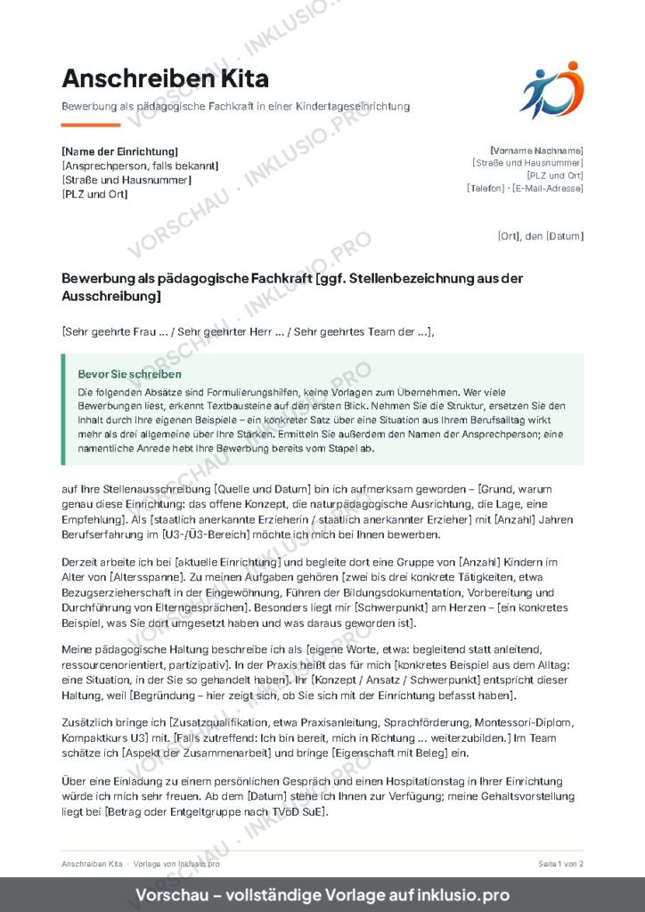 Vorschau der Vorlage Anschreiben Kita, Seite 1