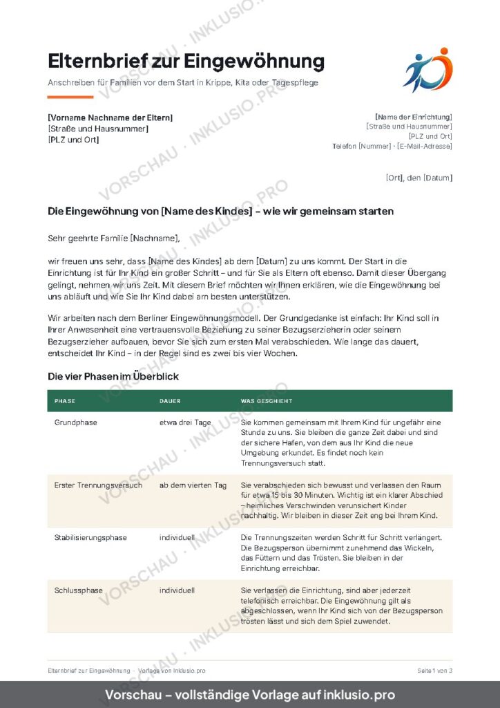 Vorschau der Vorlage Elternbrief zur Eingewöhnung, Seite 1