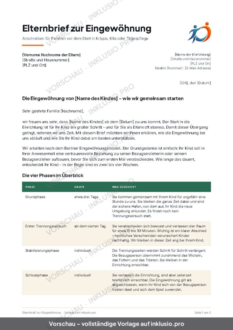Elternbrief zur Eingewöhnung