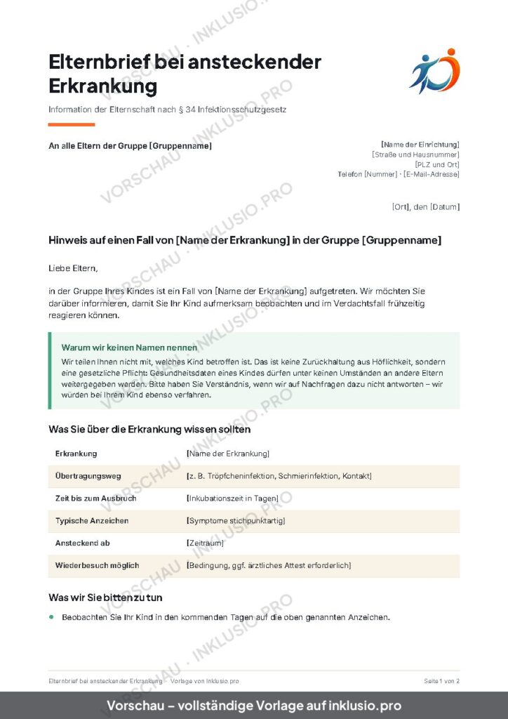 Vorschau der Vorlage Elternbrief bei ansteckender Erkrankung, Seite 1