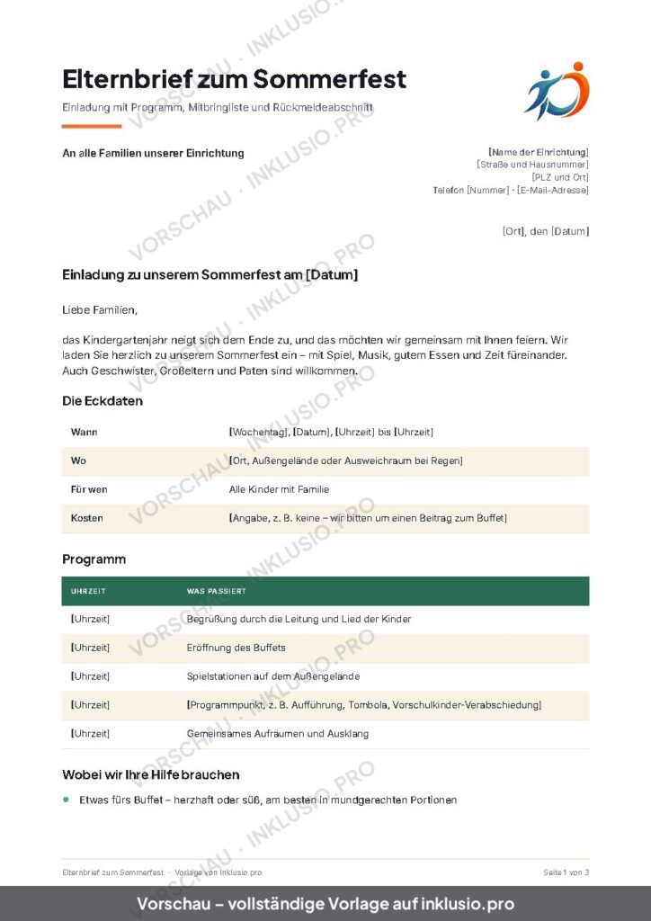 Vorschau der Vorlage Elternbrief zum Sommerfest, Seite 1