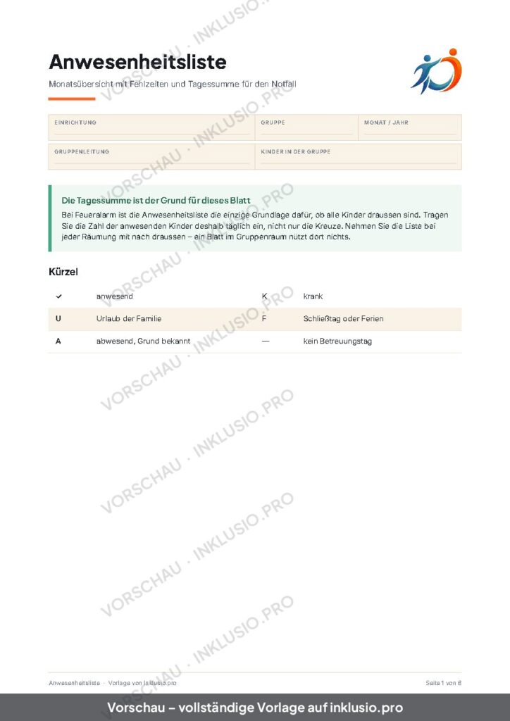 Vorschau der Vorlage Anwesenheitsliste, Seite 1