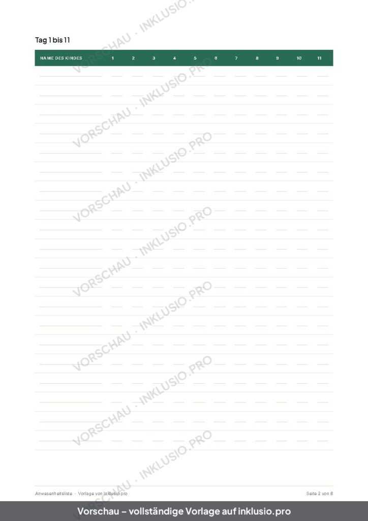 Vorschau der Vorlage Anwesenheitsliste, Seite 2