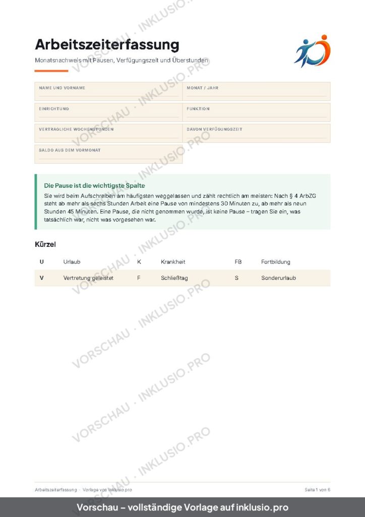 Vorschau der Vorlage Arbeitszeiterfassung, Seite 1