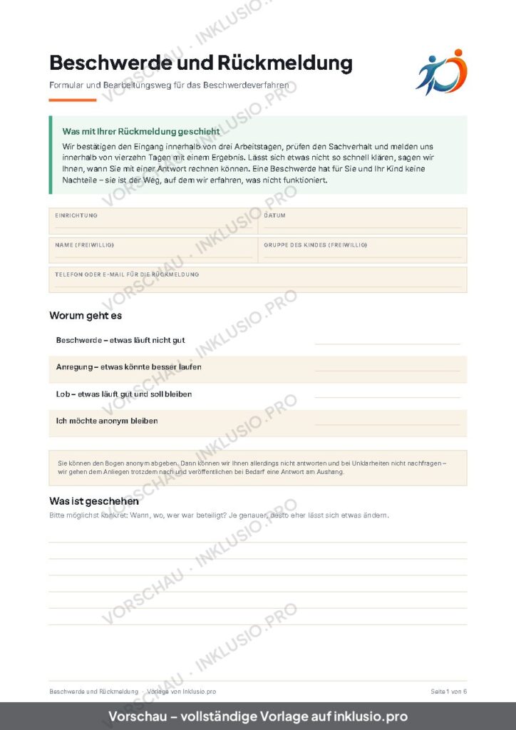 Vorschau der Vorlage Beschwerde und Rückmeldung, Seite 1