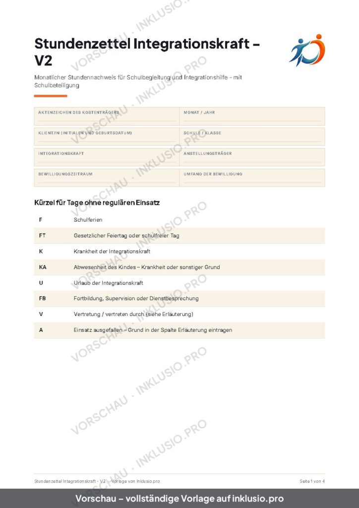 Vorschau der Vorlage Stundenzettel Integrationskraft - V2, Seite 1