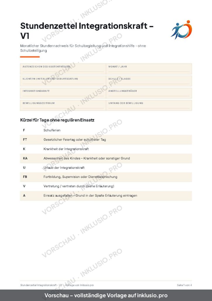 Vorschau der Vorlage Stundenzettel Integrationskraft - V1, Seite 1