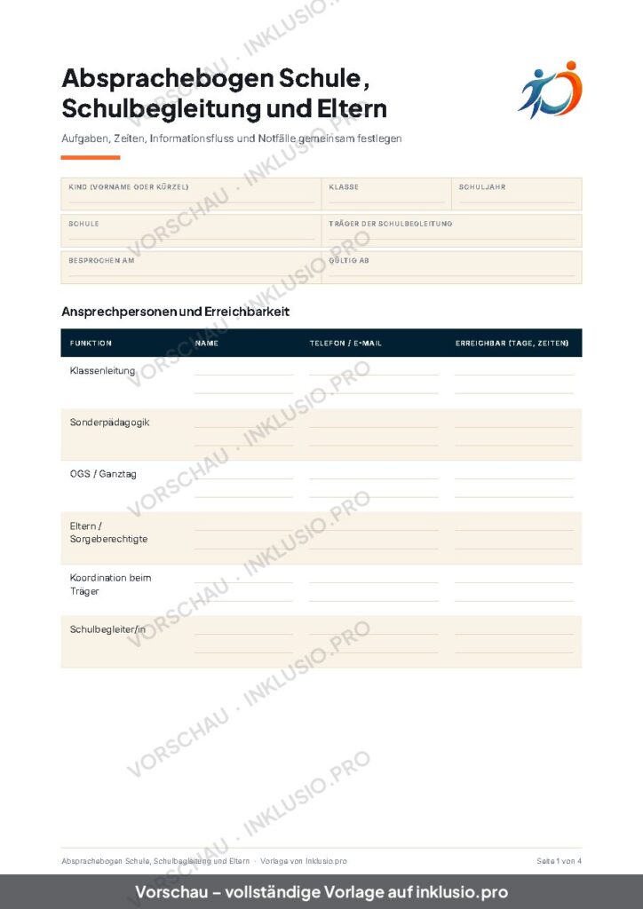 Vorschau der Vorlage Absprachebogen Schule, Schulbegleitung und Eltern, Seite 1
