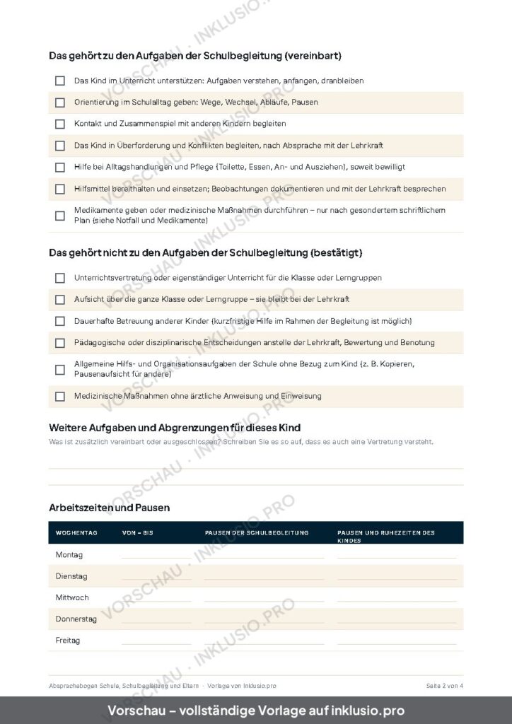 Vorschau der Vorlage Absprachebogen Schule, Schulbegleitung und Eltern, Seite 2