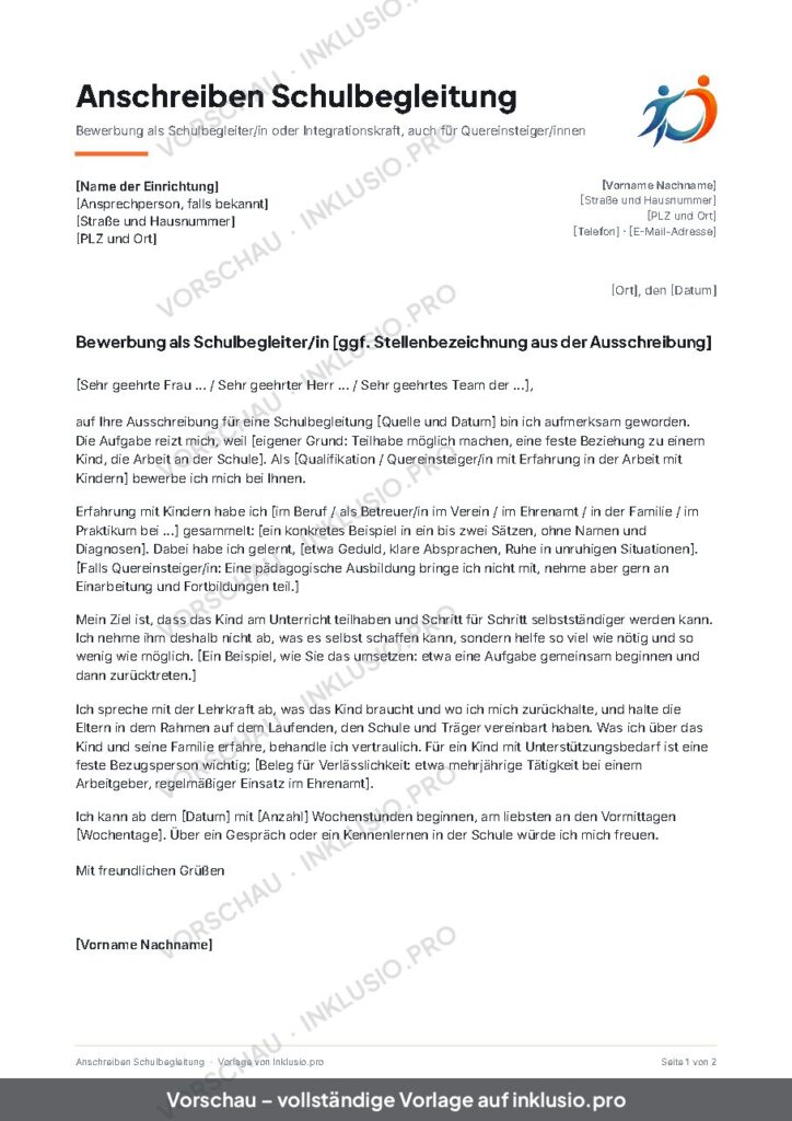 Vorschau der Vorlage Anschreiben Schulbegleitung, Seite 1