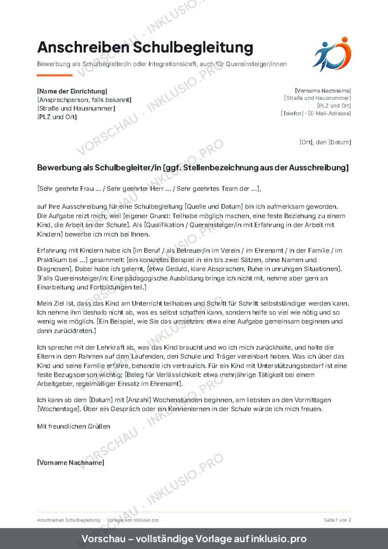 Anschreiben Schulbegleitung