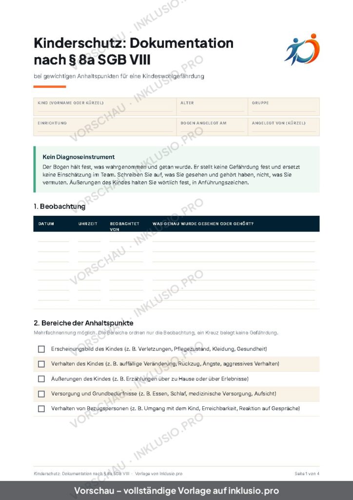 Vorschau der Vorlage Kinderschutz: Dokumentation nach § 8a SGB VIII, Seite 1