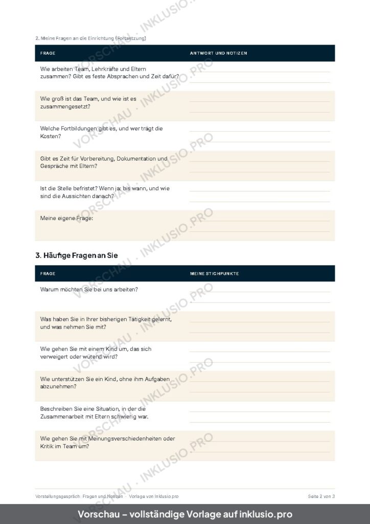 Vorschau der Vorlage Vorstellungsgespräch: Fragen und Notizen, Seite 2