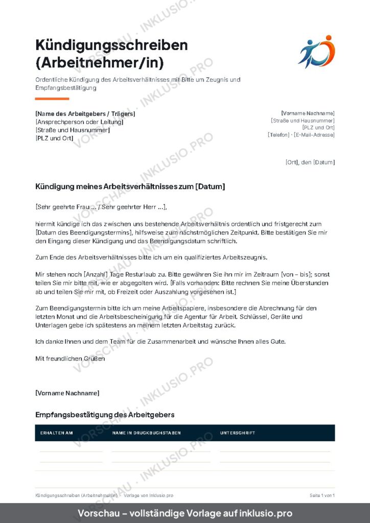 Vorschau der Vorlage Kündigungsschreiben (Arbeitnehmer/in), Seite 1