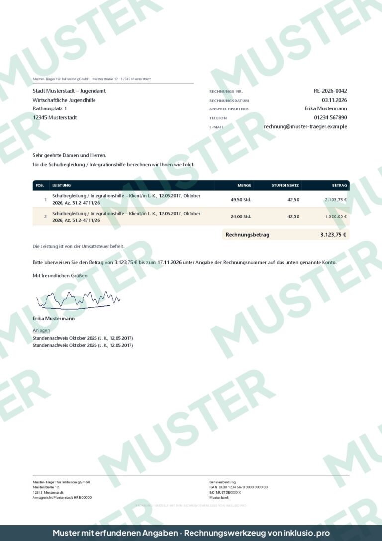 Muster: Rechnung aus dem Stundenzettel - V1/V2, erste Seite